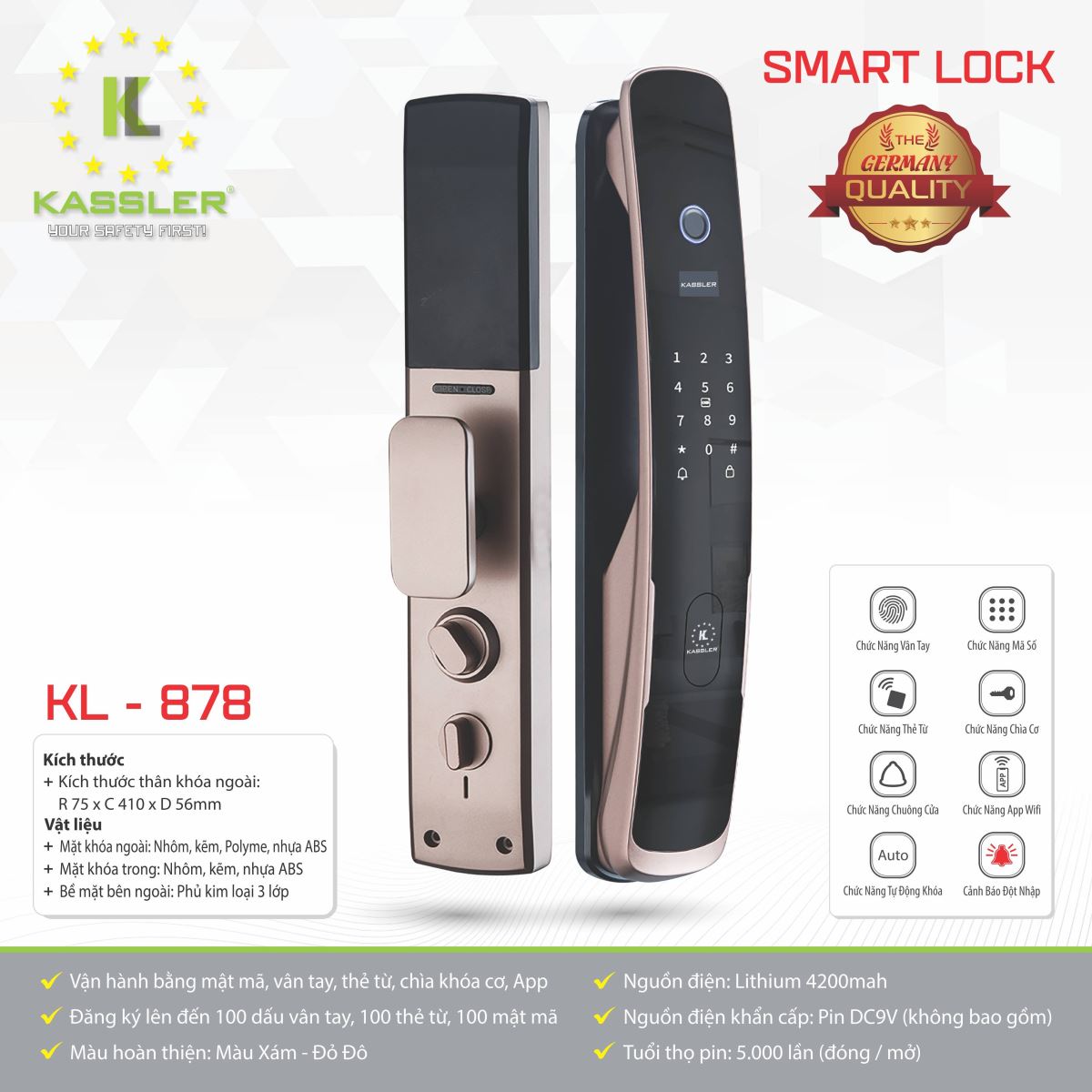 Khóa vân tay Kassler KL-878- Mở bằng APP điện thoại