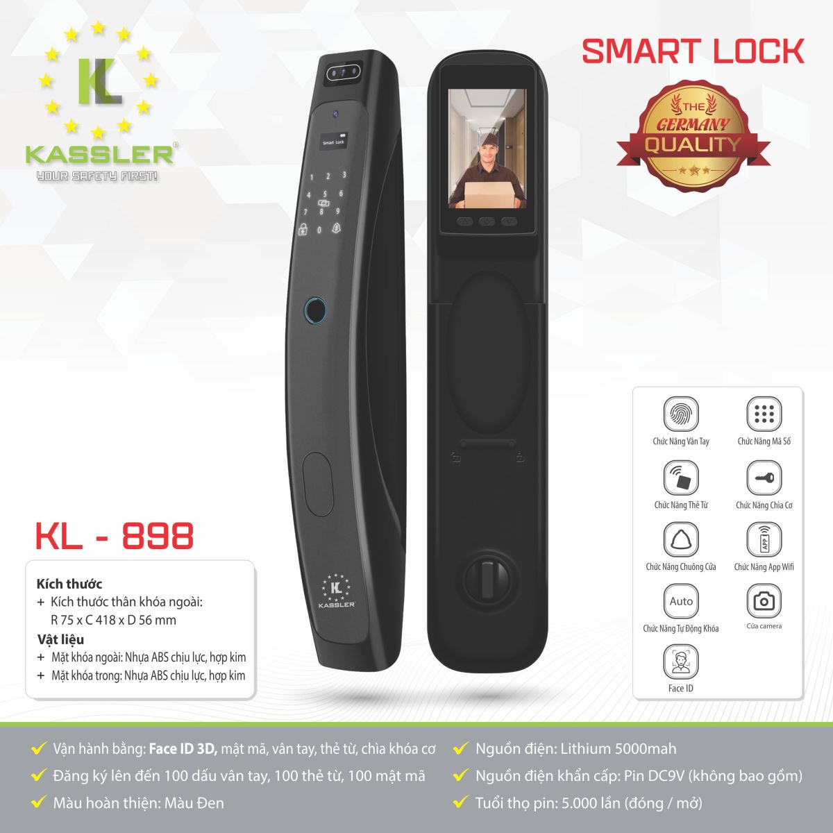 Khóa vân tay Kassler KL-898- Mở bằng APP điện thoại