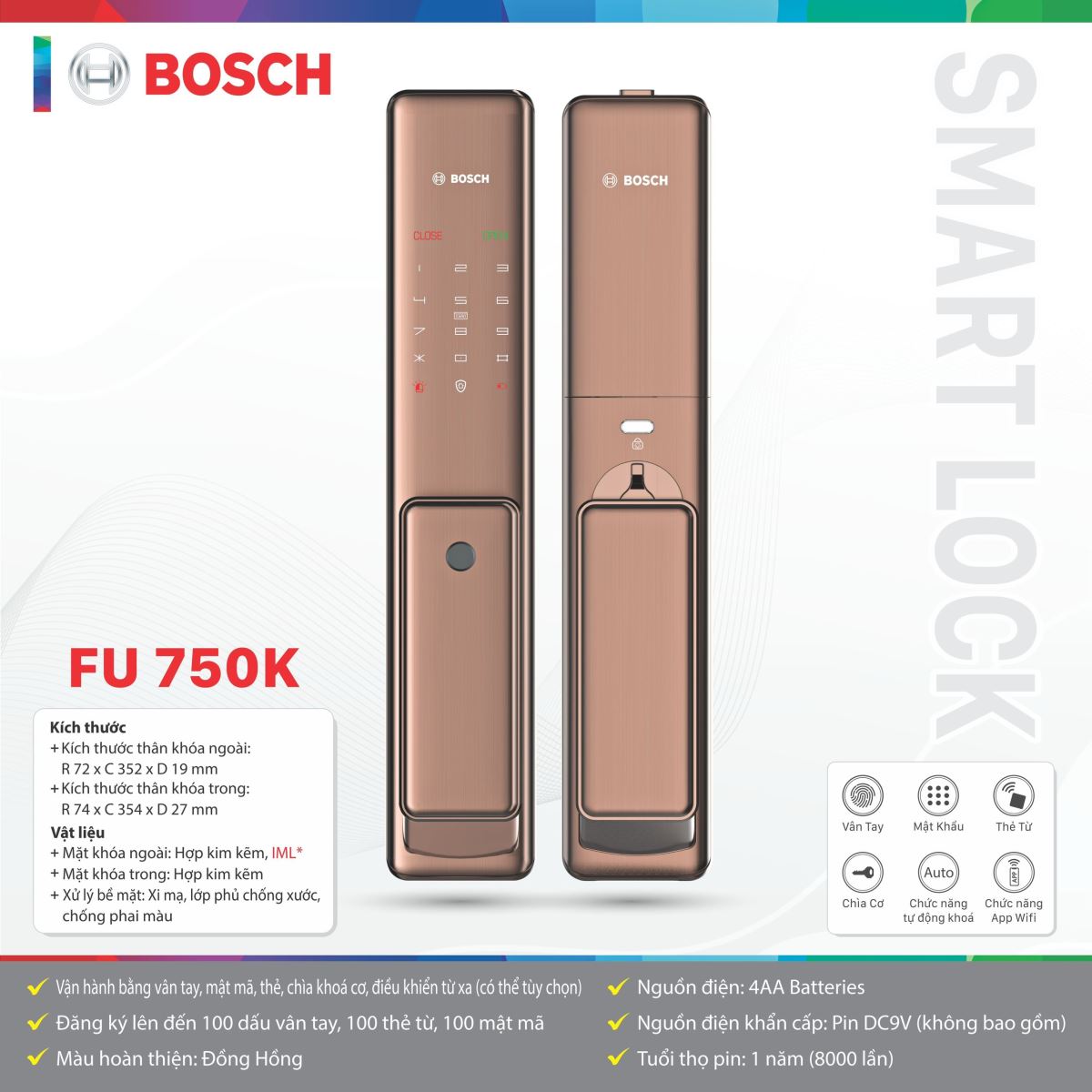 Khóa cửa điện tử Bosch FU 750K - màu đồng hồng