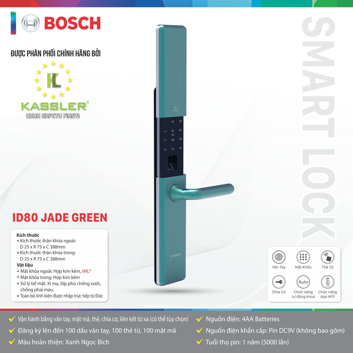 Khóa cửa vân tay Bosch ID80 JADE GREEN