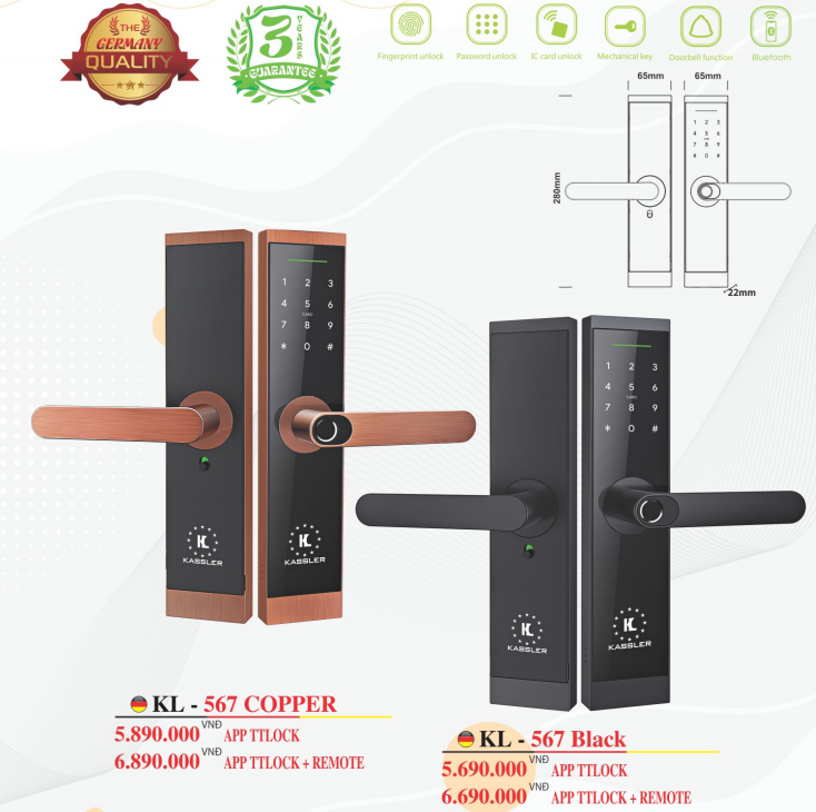 Khóa cửa vân tay Kassler KL-567 App TTlock, Remote