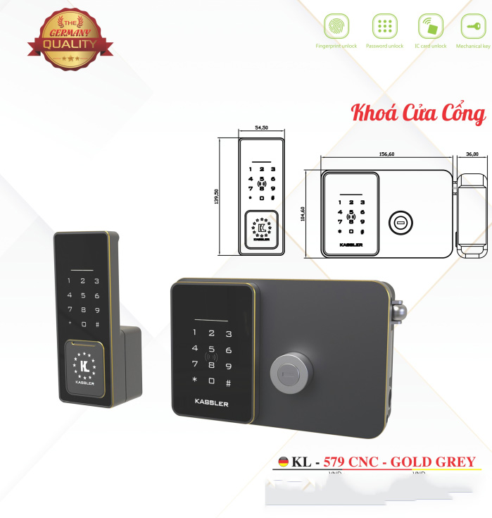 Khóa cửa cổng Kassler KL - 579 CNC Gold Grey Remote + Wifi