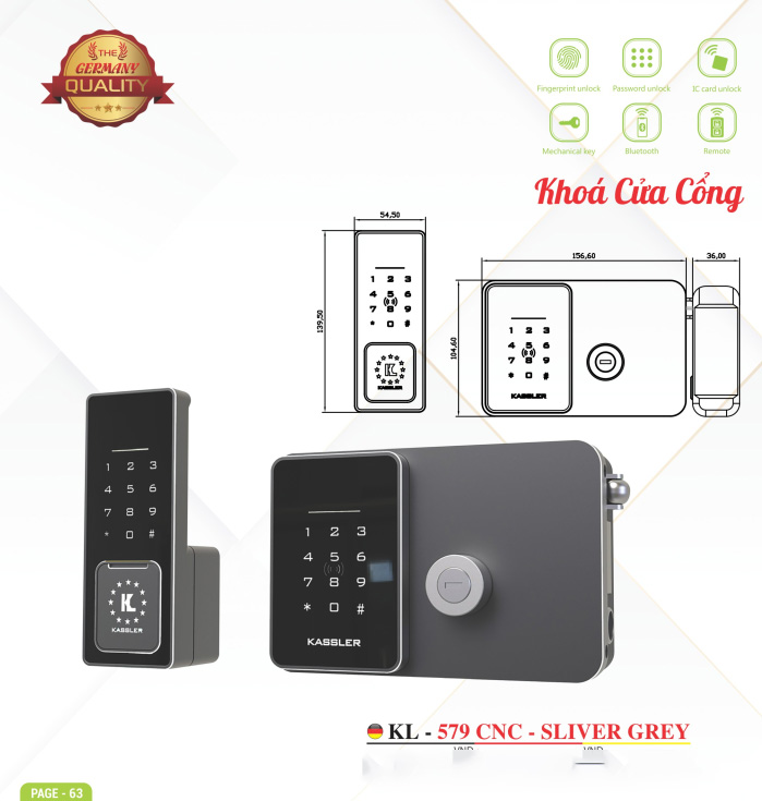 Khóa cửa cổng Kassler KL - 579 CNC Silver Grey Remote + Wifi