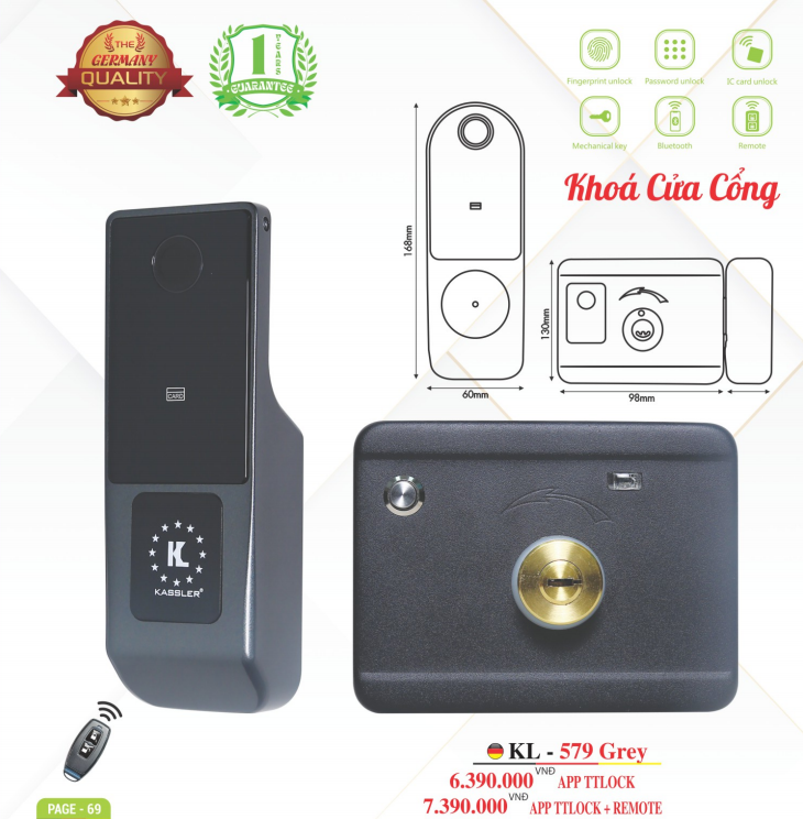 Khóa cửa cổng vân tay Kassler KL-579 Grey App TTlock, Remote
