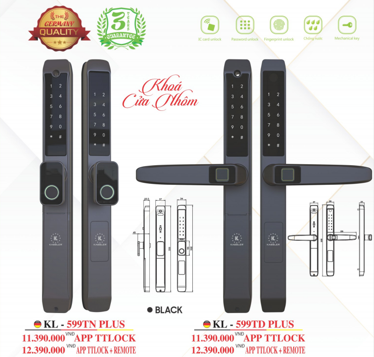 Khóa cửa nhôm Kassler KL-599TD Plus Black App TTlock, Remote