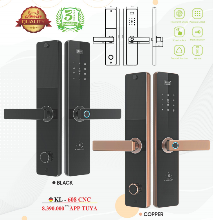 Khóa cửa vân tay Kassler KL-608 CNC App Tuya