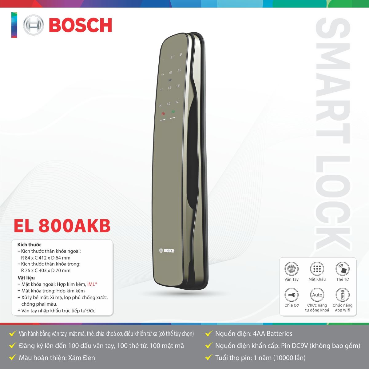 Khoá cửa Bosch EL 800AKB bản xám đen
