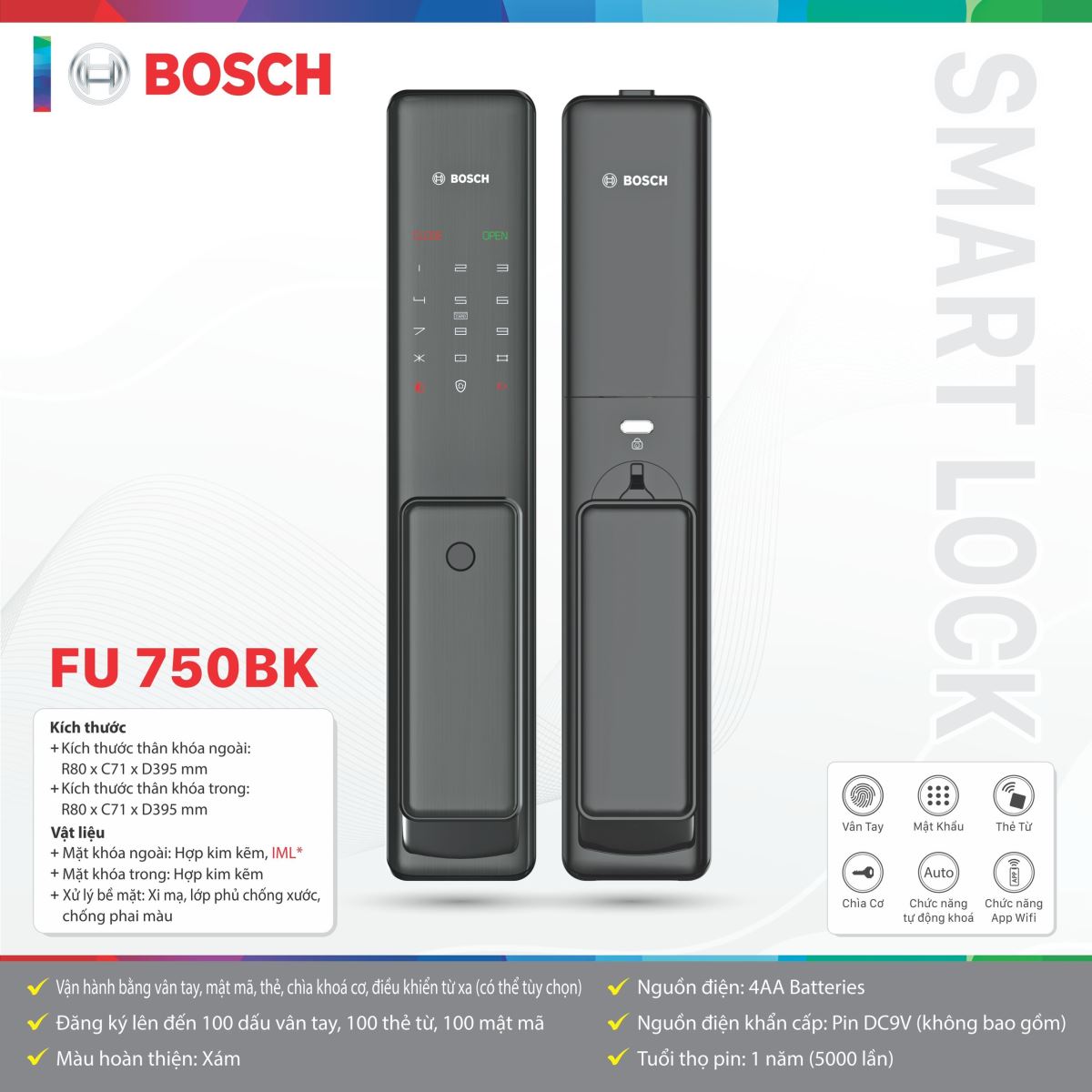 Khóa cửa điện tử Bosch FU750BK - màu xám