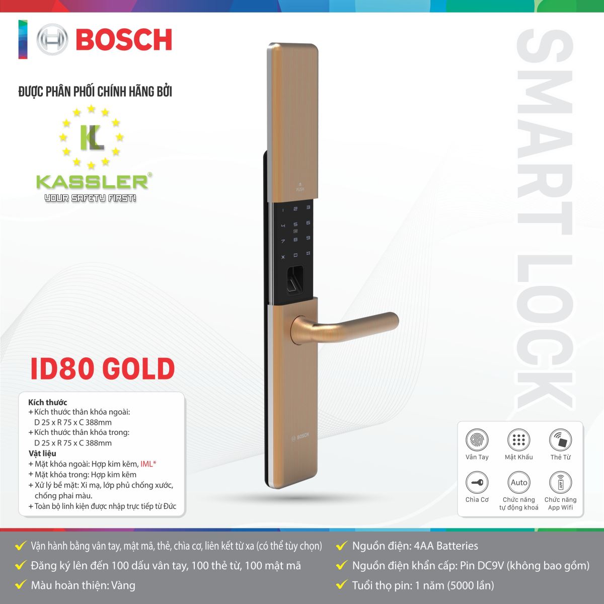 Khóa cửa vân tay Bosch ID80 GOLD