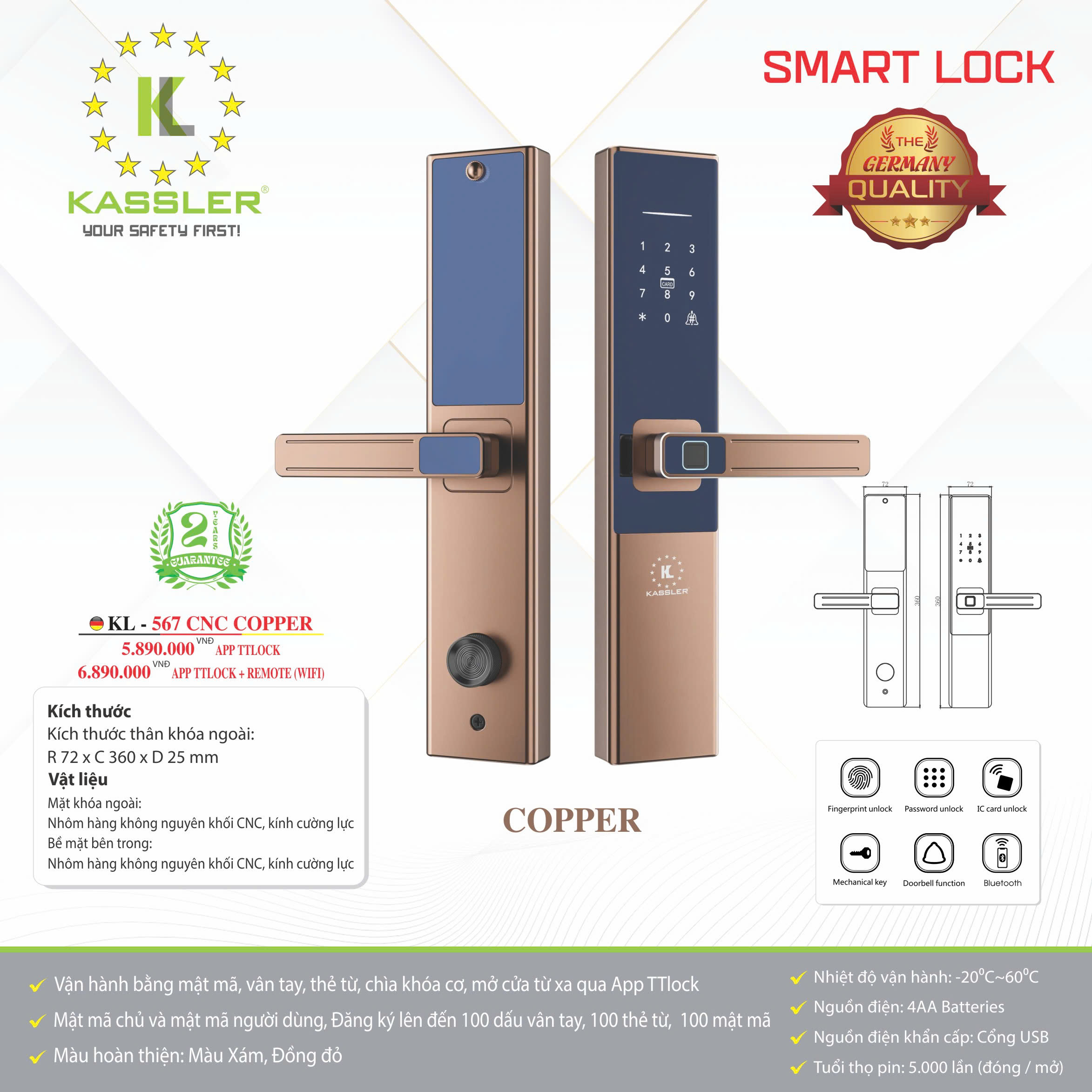 Khóa cửa vân tay Kassler KL-567 Copper App TTlock 1 Khóa cửa vân tay Kassler KL-567 Copper App TTlock - 567 cnc c - 1